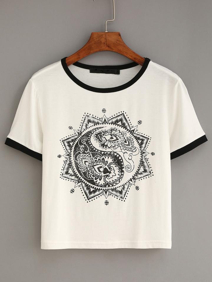 Romwe White Contrast Trim Vintage Print T-shirt