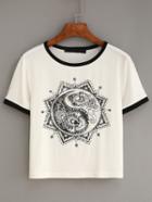 Romwe White Contrast Trim Vintage Print T-shirt