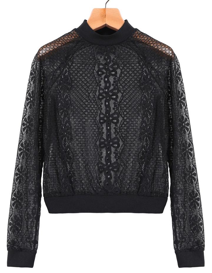 Romwe Embroidered Lace Crop Black Blouse
