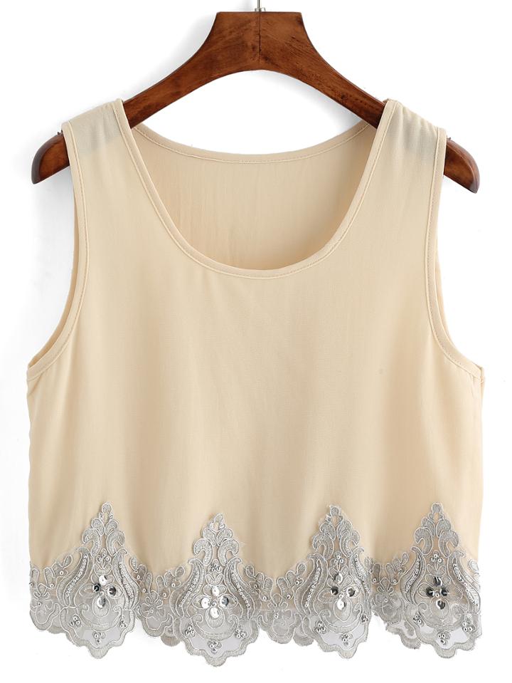 Romwe Embroidered Beaded Chiffon Tank Top