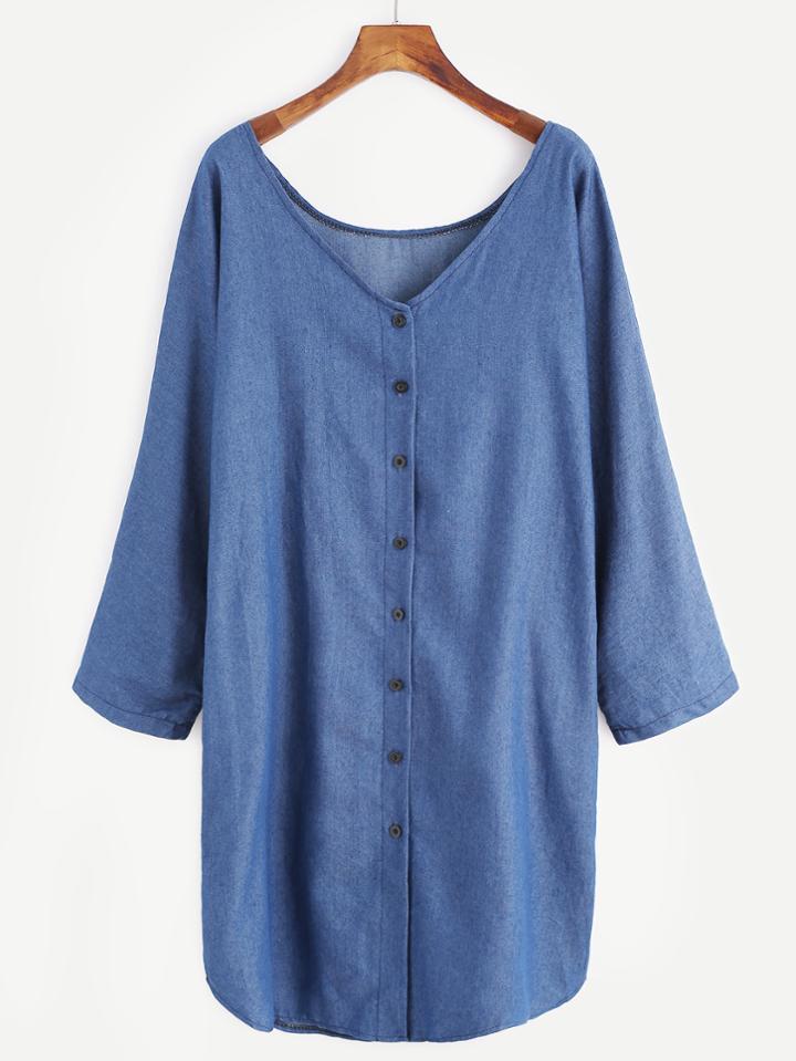 Romwe Blue V Neck Button Denim Shirt Dress