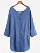 Romwe Blue V Neck Button Denim Shirt Dress