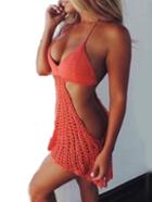 Romwe Orange Halter Crochet Hollow Swimwear