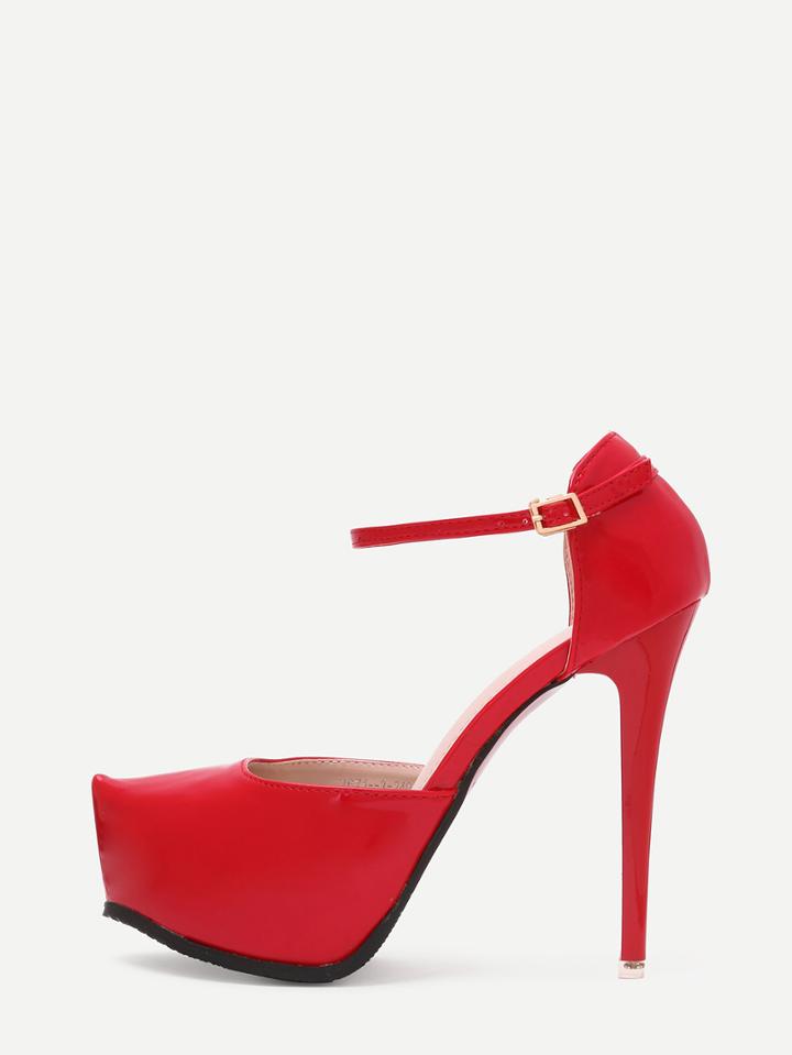 Romwe Red Square Toe Ankle Strap High Heel Pumps