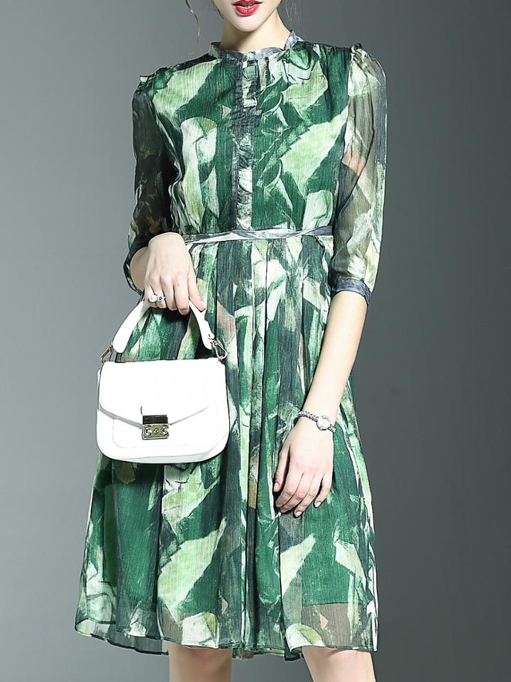 Romwe Green Crew Neck Print A-line Dress