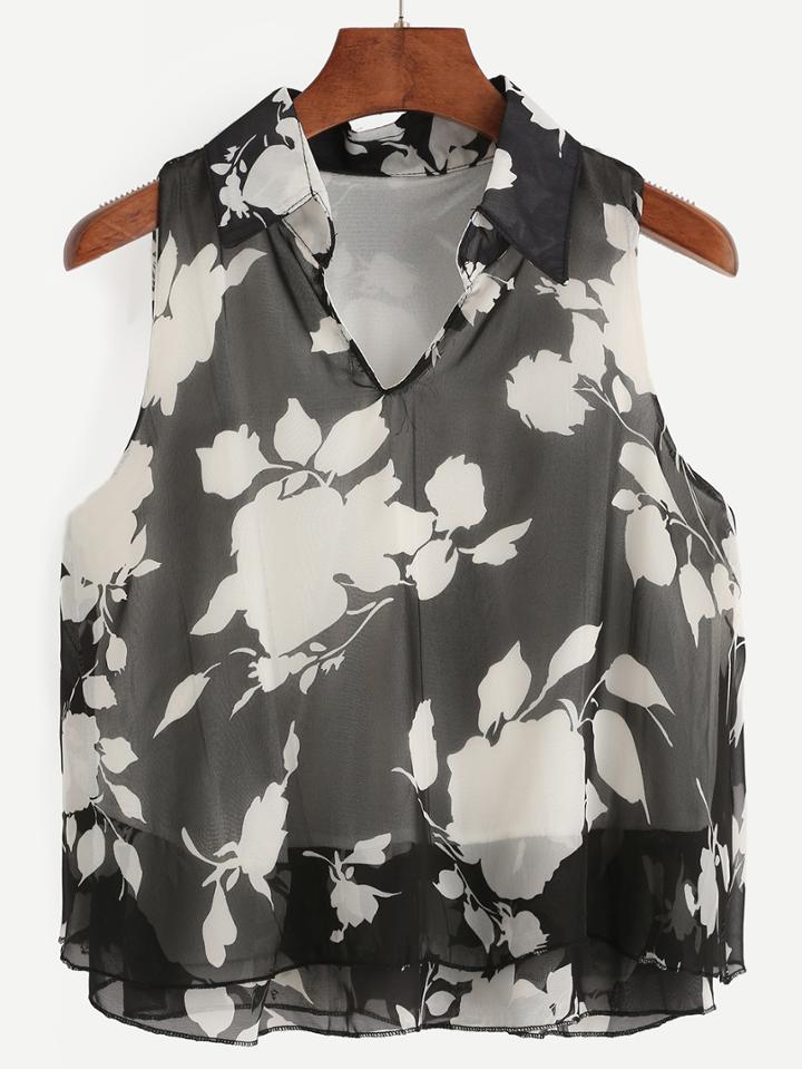 Romwe Black Flower Print Pointed Collar Chiffon Top
