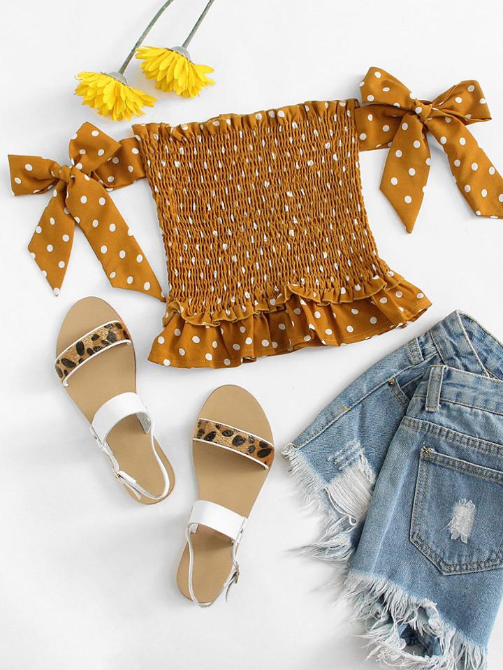 Romwe Ruffle Hem Polka Dot Pleated Top