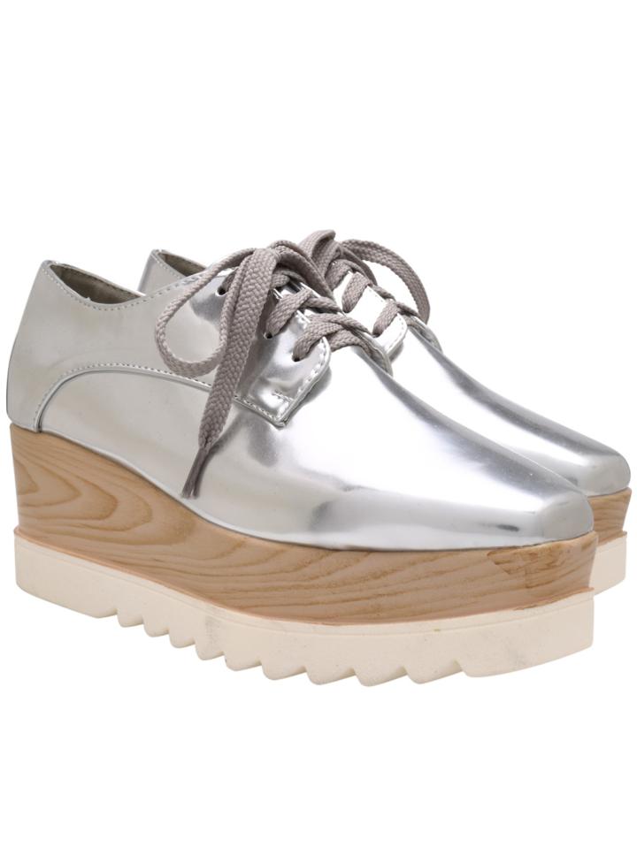 Romwe Silver Square Toe Lace Up Heavy-bottome Flats