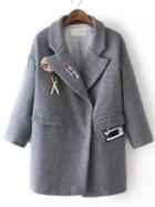 Romwe Lapel Embroidered Patch Pockets Grey Coat