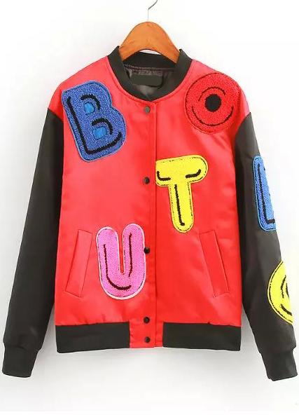 Romwe Contrast Sleeve Letter Patch Red Jacket