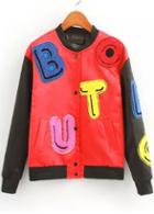 Romwe Contrast Sleeve Letter Patch Red Jacket