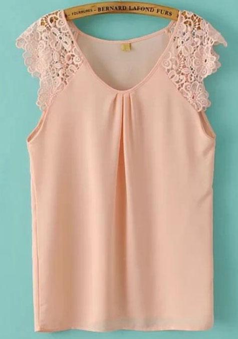 Romwe With Lace Hollow Chiffon Top