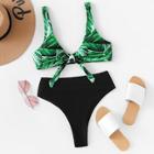 Romwe Palm Print Top With Match High Leg Bikini Set