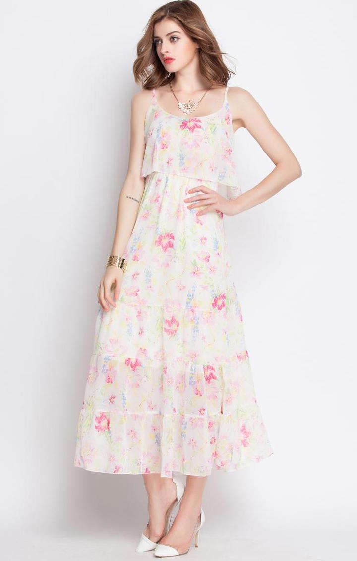 Romwe Spaghetti Strap Florals Chiffon Beige Dress