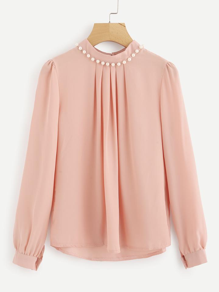 Romwe Pearl Beading Puff Sleeve Chiffon Blouse