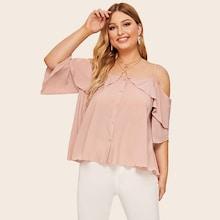 Romwe Plus Cold Shoulder Ruffle Trim Blouse