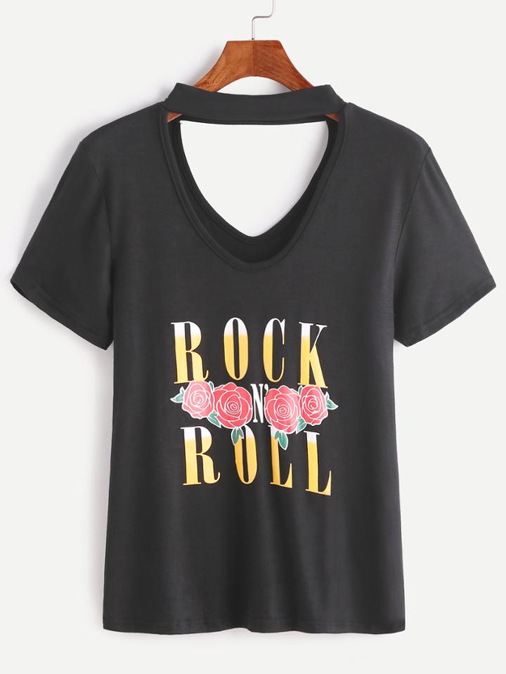Romwe Black Cut Out Choker Neck Letter Print T-shirt