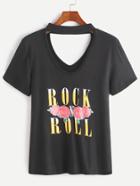 Romwe Black Cut Out Choker Neck Letter Print T-shirt