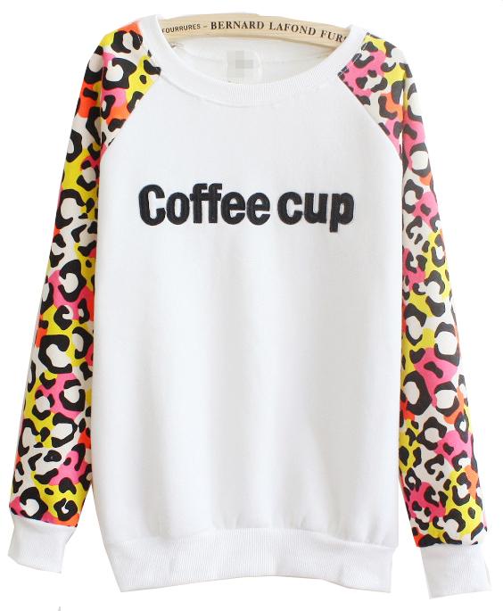 Romwe Leopard Coffee Cup Print White Sweatshirt