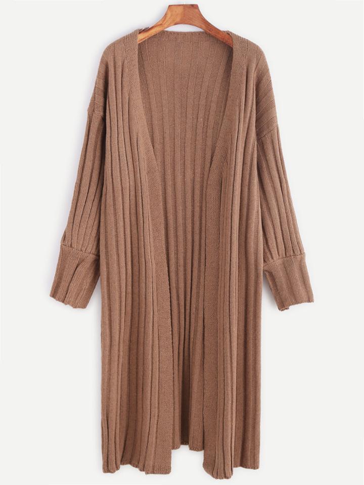 Romwe Khaki Dropped Shoulder Seam Ribbed Knit Cardigan