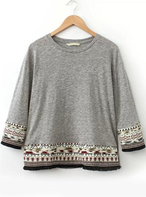 Romwe Grey Round Neck Tribal Embroidered T-shirt