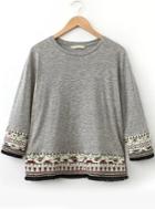 Romwe Grey Round Neck Tribal Embroidered T-shirt