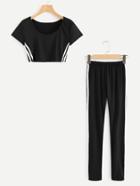 Romwe Striped Tape Side Crop Tee With Pants