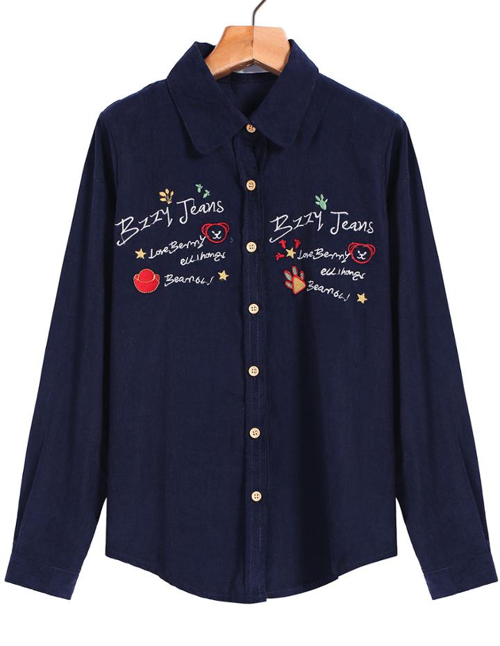 Romwe Letters Embroidered Loose Navy Blouse
