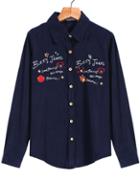 Romwe Letters Embroidered Loose Navy Blouse