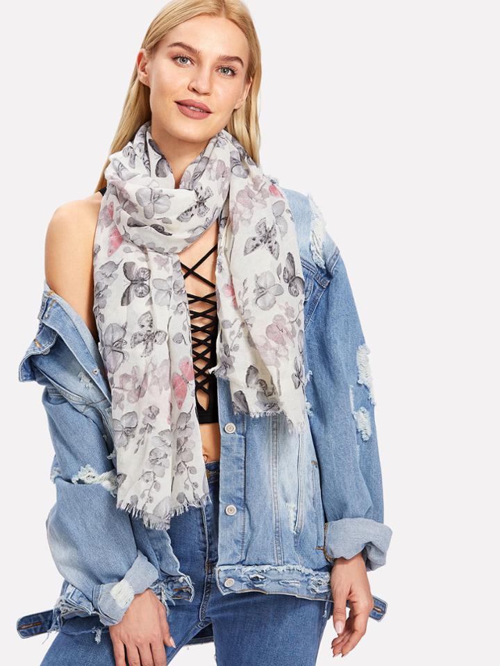 Romwe Animal Print Frayed Trim Scarf