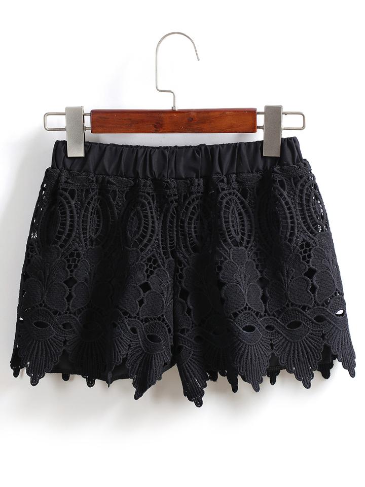 Romwe Elastic Waist Asymmetrical Hem Lace Black Shorts