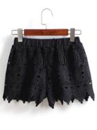 Romwe Elastic Waist Asymmetrical Hem Lace Black Shorts