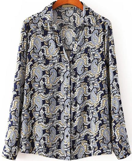 Romwe Cashews Print Lapel Navy Blouse