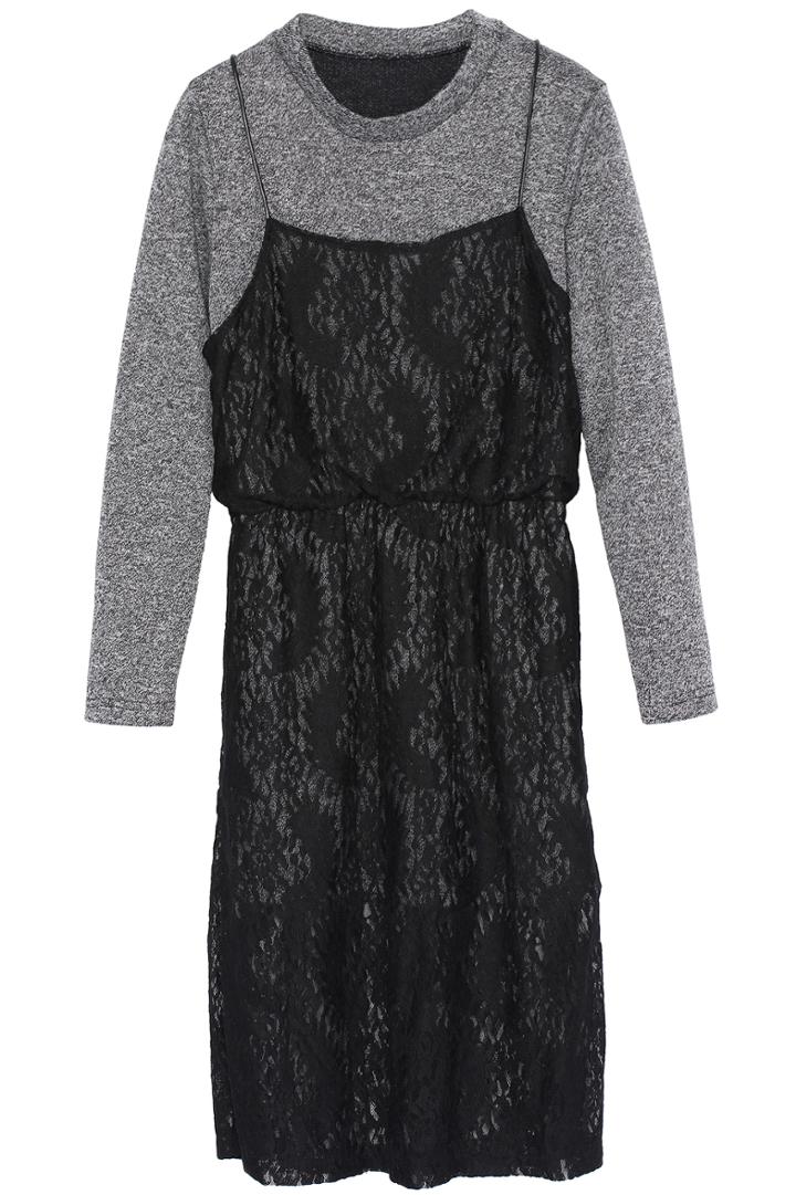 Romwe Long Sleeve Contrast Lace Layer Grey Dress