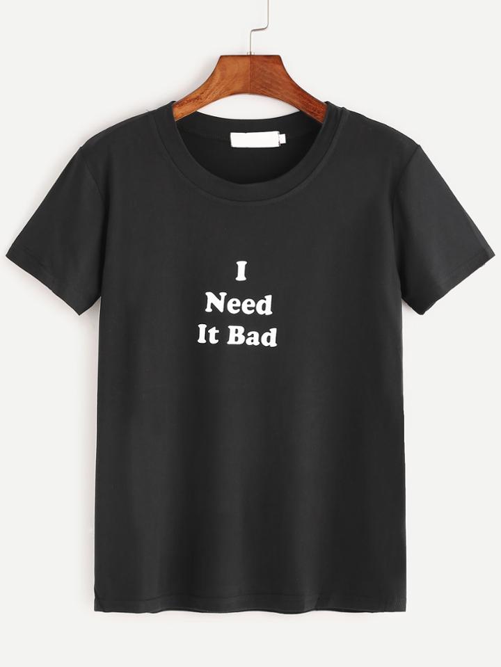 Romwe Black Short Sleeve Slogan Print T-shirt