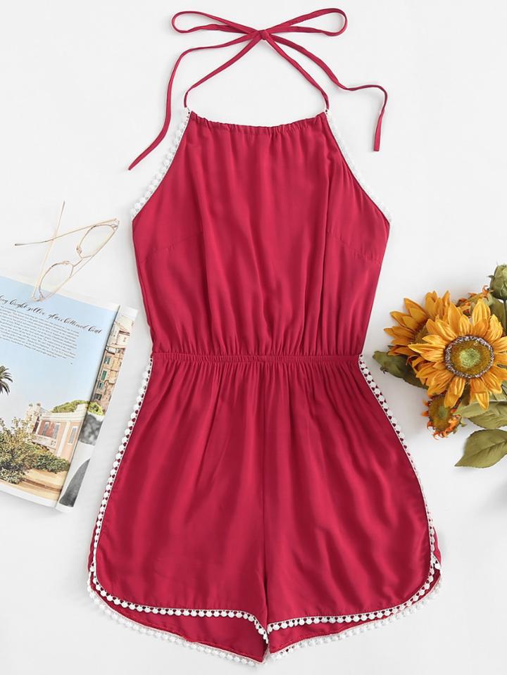 Romwe Halter Neck Crochet Trim Romper