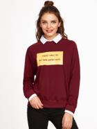 Romwe Burgundy Letter Print Contrast Shirt Collar Raglan Sleeve Sweatshirt