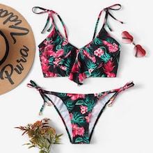 Romwe Tie Side Ruffle Random Floral Bikini Set