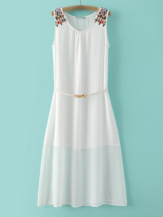 Romwe White Sleeveless Embroideried Shoulder Dress With Belt