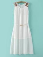 Romwe White Sleeveless Embroideried Shoulder Dress With Belt