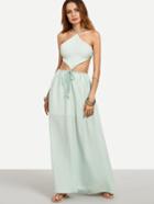 Romwe Turquoise Halter Strap Back Drawstring Waist Dress