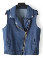 Romwe Blue Sleeveless Lapel Pockets Oblique Zipper Denim Jacket