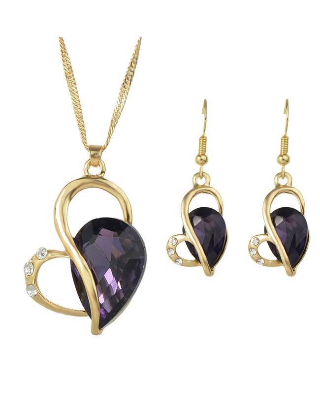Romwe Purple Rhinestone Heart Shape Wedding Jewelry Set