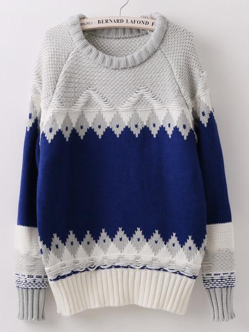 Romwe Geometric Print Blue Sweater