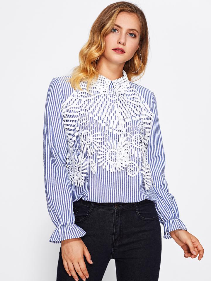 Romwe Guipure Lace Applique Bell Cuff Blouse