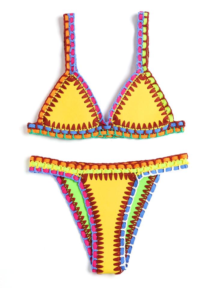 Romwe Random Rubber Band Color Crochet Trim Triangle Bikini Set
