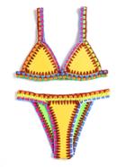 Romwe Random Rubber Band Color Crochet Trim Triangle Bikini Set