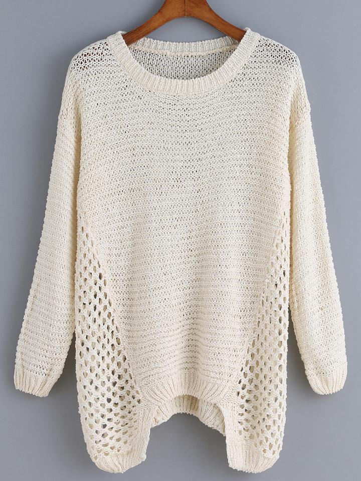 Romwe Long Sleeve Open-knit Apricot Sweater