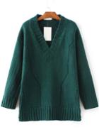 Romwe Green V Neck Side Slit Sweater