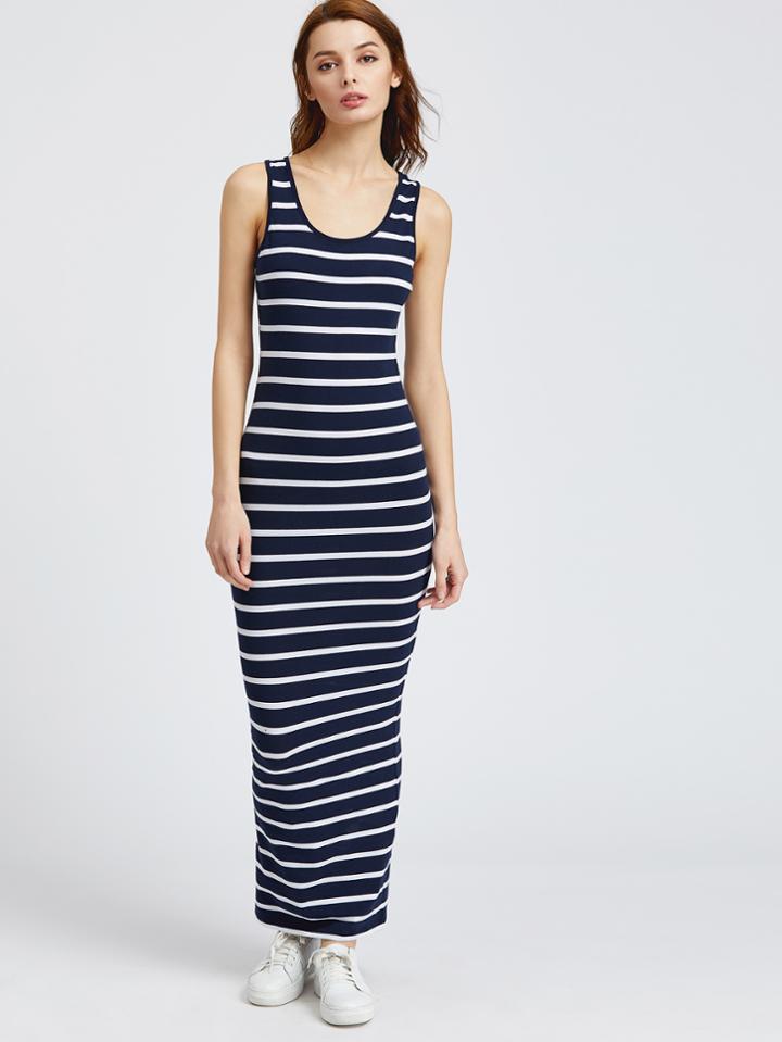 Romwe Navy Striped Skinny Tank Dress